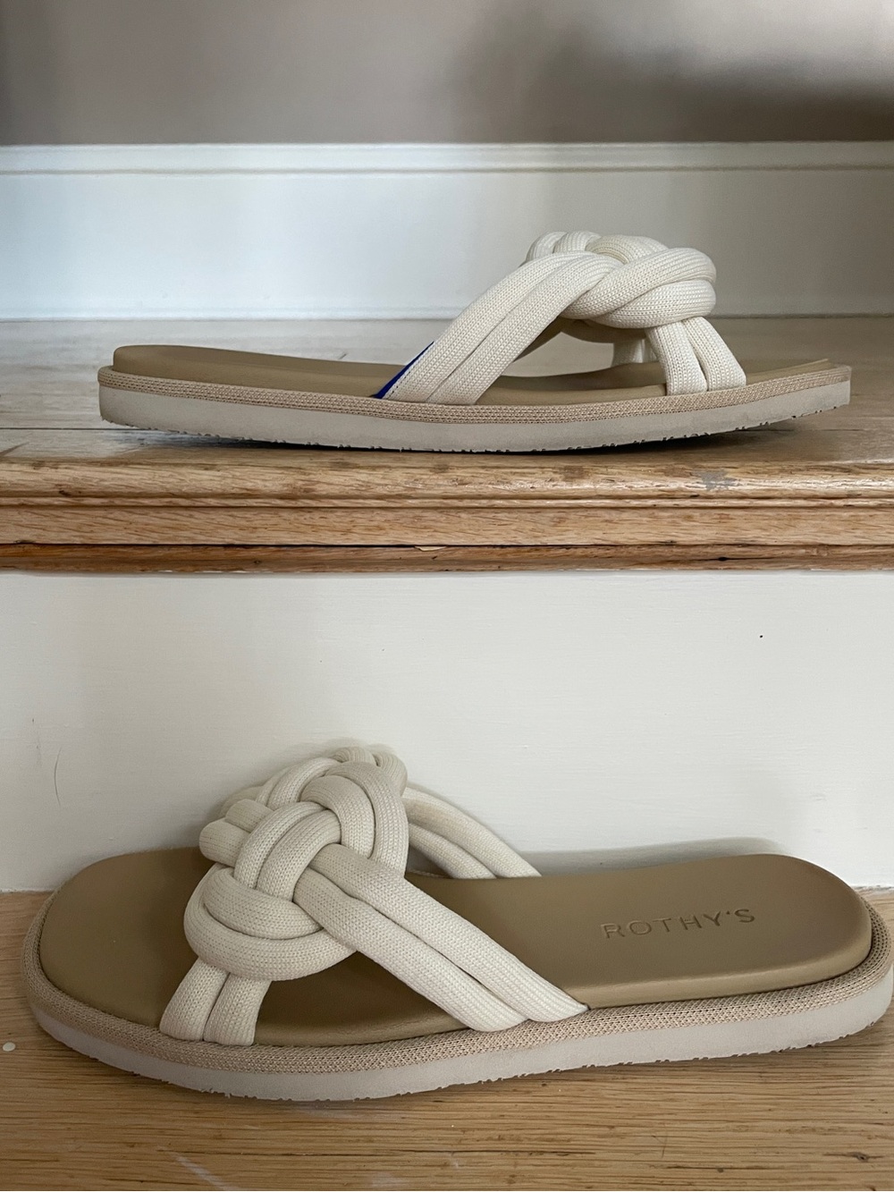 Rothy’s The Summer Sandal Braided Knotted Slide White Sand Cream Tan 8.5 GUC - Picture 6 of 9